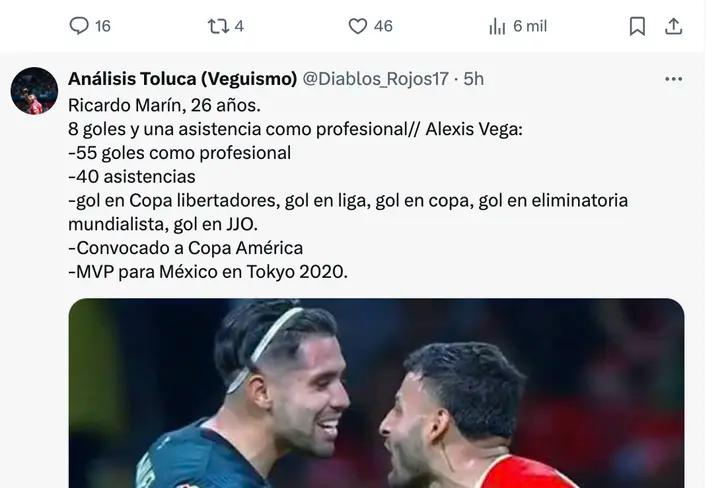 Los polémicos likes de Alexis Vega en X tras el Toluca vs Chivas