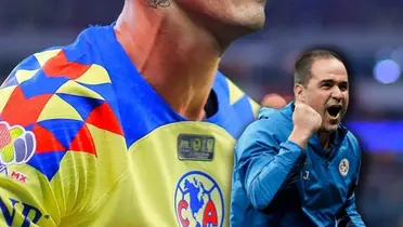 André Jardine con puño arriba y jugador del América/Foto Soy Fútbol.