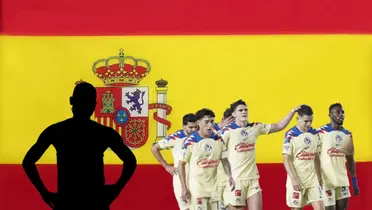 Bandera de España, silueta y futbolistas del América/Foto Vive Selección.