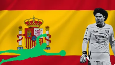 Bandera de España tomada de Canva, con Ochoa en blanco y negro.