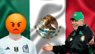 Bandera de México tomada de Canva, con Aguirre y jugador tapado.