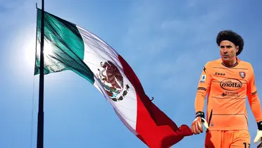Bandera de México tomada de Canva y Guillermo Ochoa con uniforme de Salernitana.