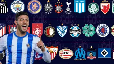 Carlos Vela junto a escudos de varios clubes del mundo / FOTO EFE