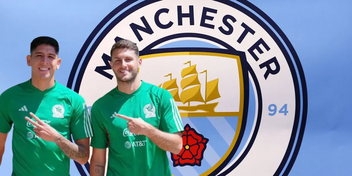 Edson Álvarez y Santiago Giménez junto al escudo del Manchester City / FOTO Instagram