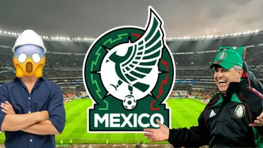 Estadio Azteca de fondo, con escudo del Tri, Aguirre y un ingeniero. Fondo: Récord