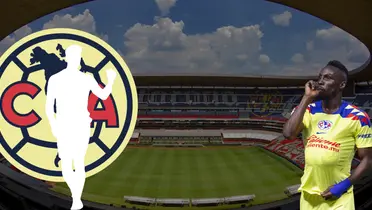 Estadio Azteca de fondo, foto tomada de Wikipedia, con escudo del América y Julián Quiñones.