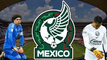 Estadio Azteca de fondo tomado de Wikipedia, con Ochoa, Malagón y escudo de México.