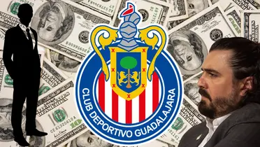 Fondo de dólares tomado de Canva, con escudo de Chivas y Amaury.