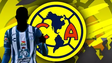 Jugador incógnito del Pachuca junto al escudo del América / FOTO GETTY IMAGES