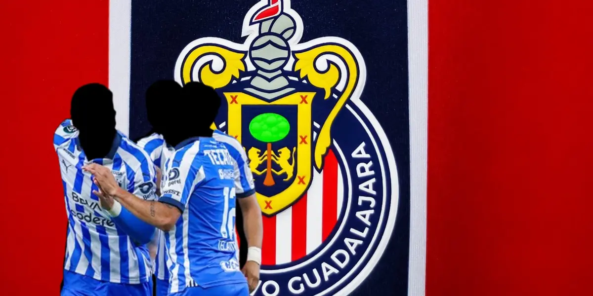 Jugadores incógnitos de Ryados junto al escudo de Chivas / FOTO X