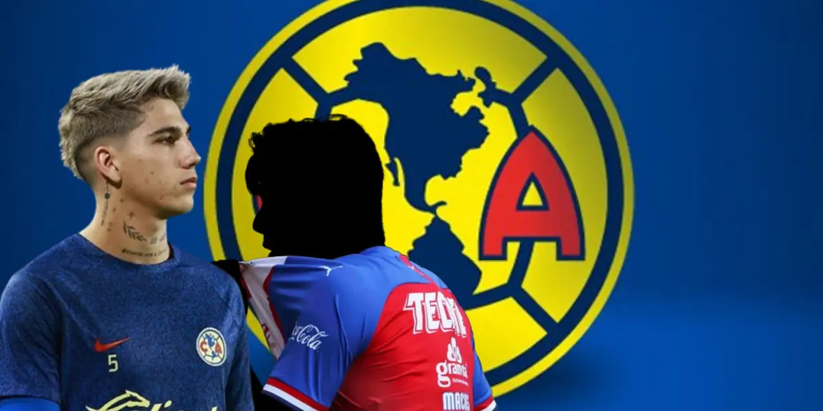 Kevin Álvarez y jugador incógnito de Chivas junto al escudo del América / FOTO MEXSPORT