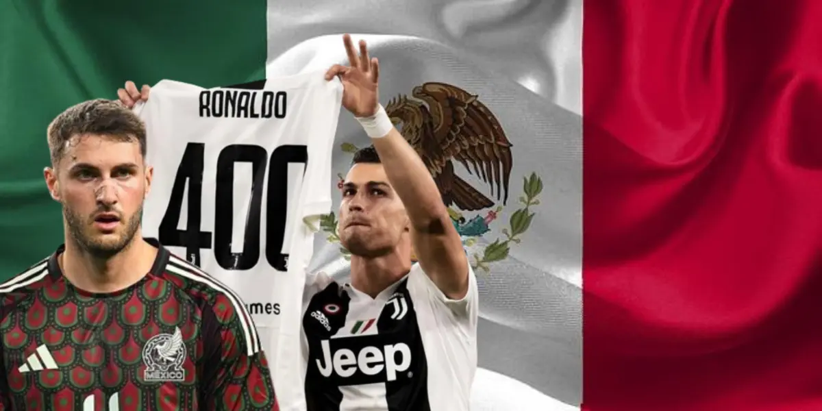 Santiago Giménez y Cristiano Ronaldo junto a la bandera de México / FOTO Facebook