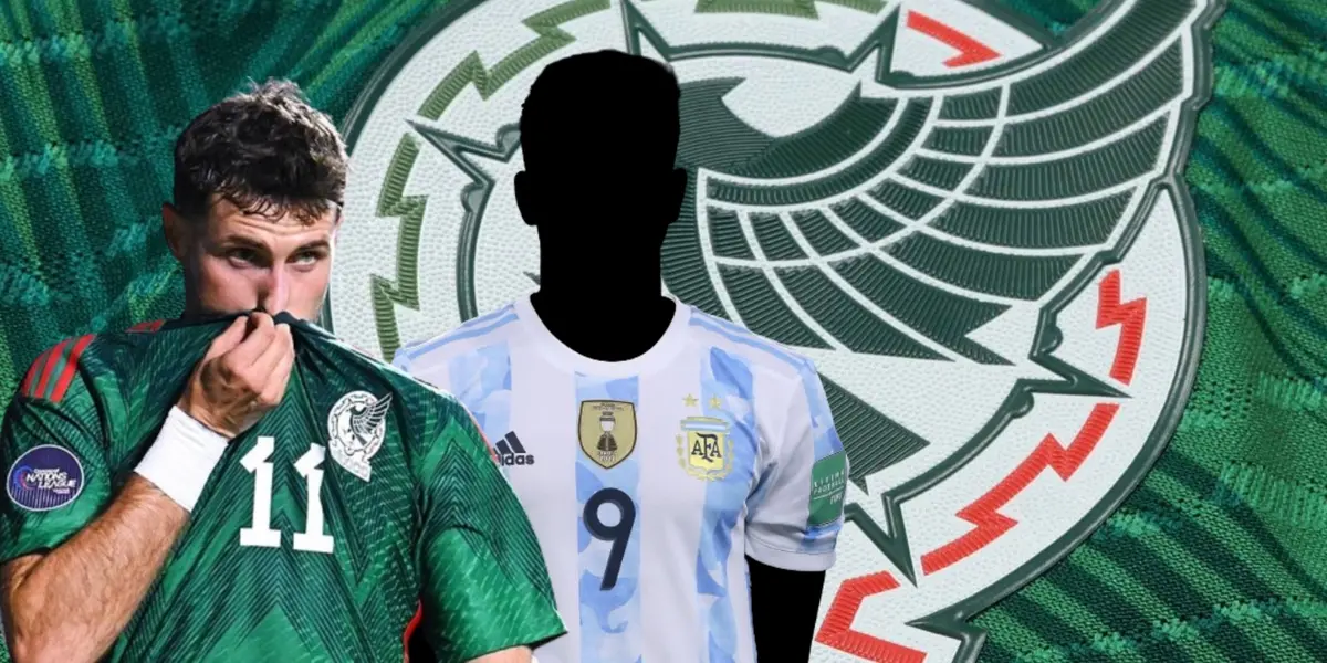 Santiago Giménez y jugador incógnito de Argentina junto al escudo de la Selección Mexicana / FOTO X