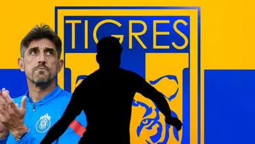 Veljko Paunovic y jugador incógnito junto al escudo de Tigres / FOTO FACEBOOK