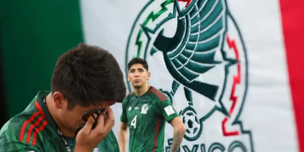 Aficionado mexicano llorando y Edson Álvarez con manos en la cintura/Foto Antena 2.