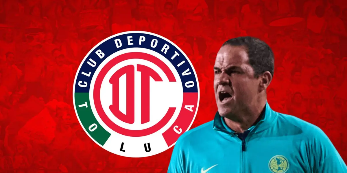 André Jardine gritando y logo del Toluca/Foto AD Noticias.