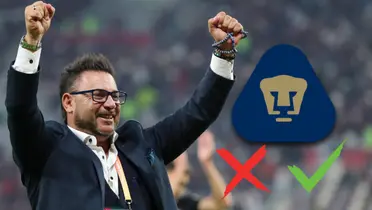 Antonio Mohamed celebrando y logo de Pumas/Foto TUDN.