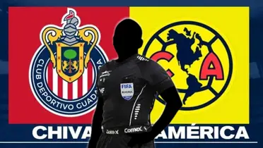 Árbitro incógnito junto a los escudos de Chivas y América / FOTO X