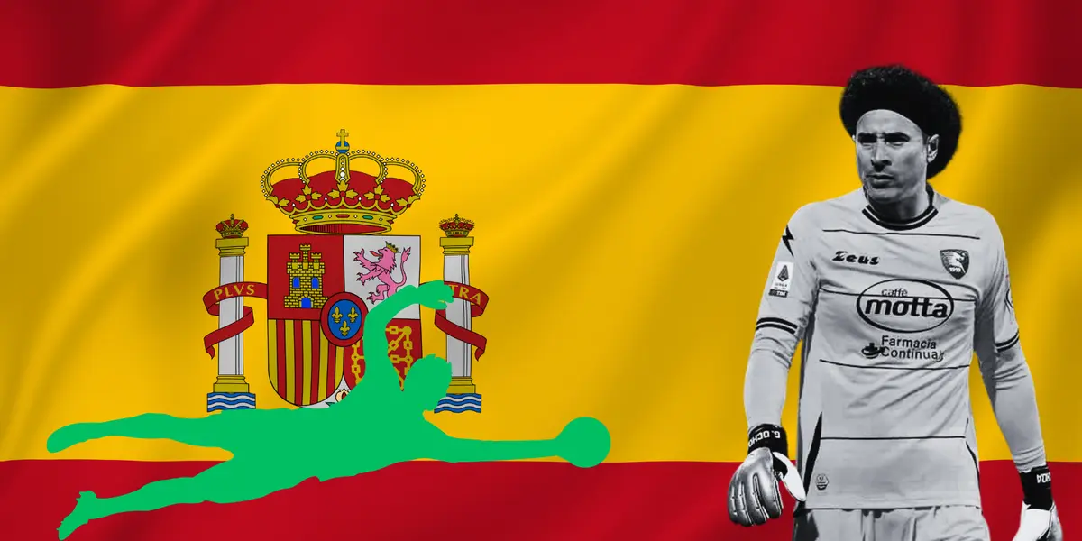 Bandera de España tomada de Canva, con Ochoa en blanco y negro.