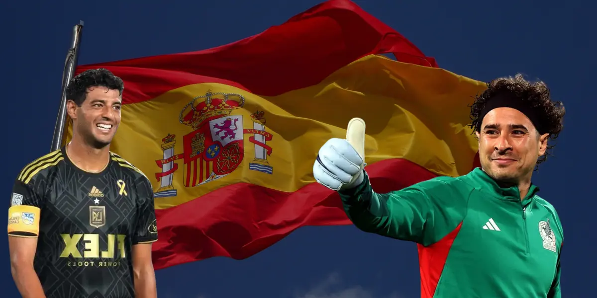 Bandera de España tomada de Canva, con Ochoa y Vela al frente.