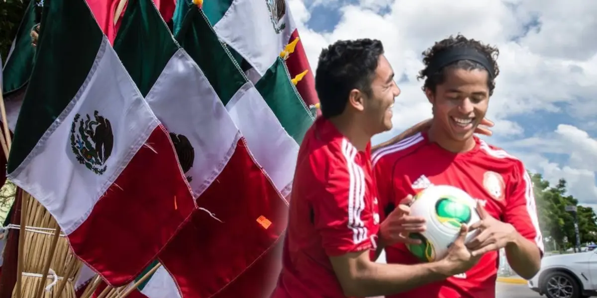 Banderas de México, Marco Fabián y Giovani Dos Santos riendo/ Foto El Sol de Sinaloa.