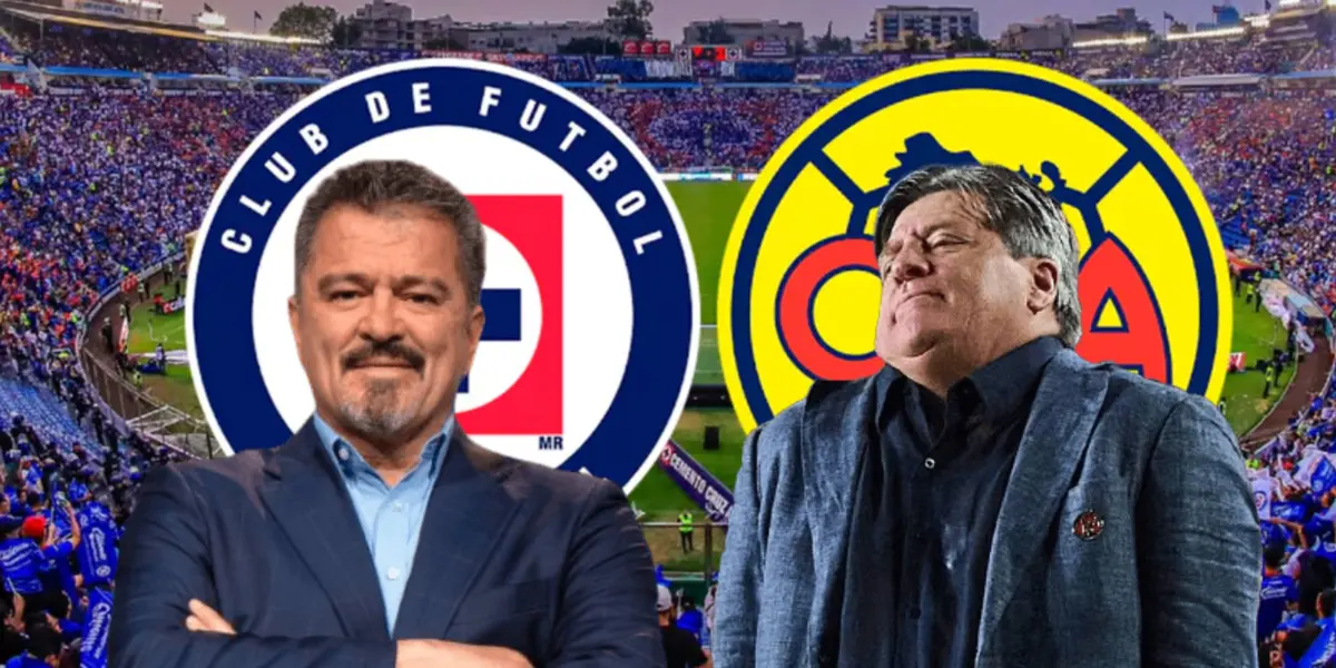 Carlos Hermosillo de brazos cruzados, Miguel Herrera y logos de Cruz Azul y América/ Foto Fox.