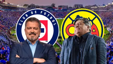 Carlos Hermosillo de brazos cruzados, Miguel Herrera y logos de Cruz Azul y América/ Foto Fox.