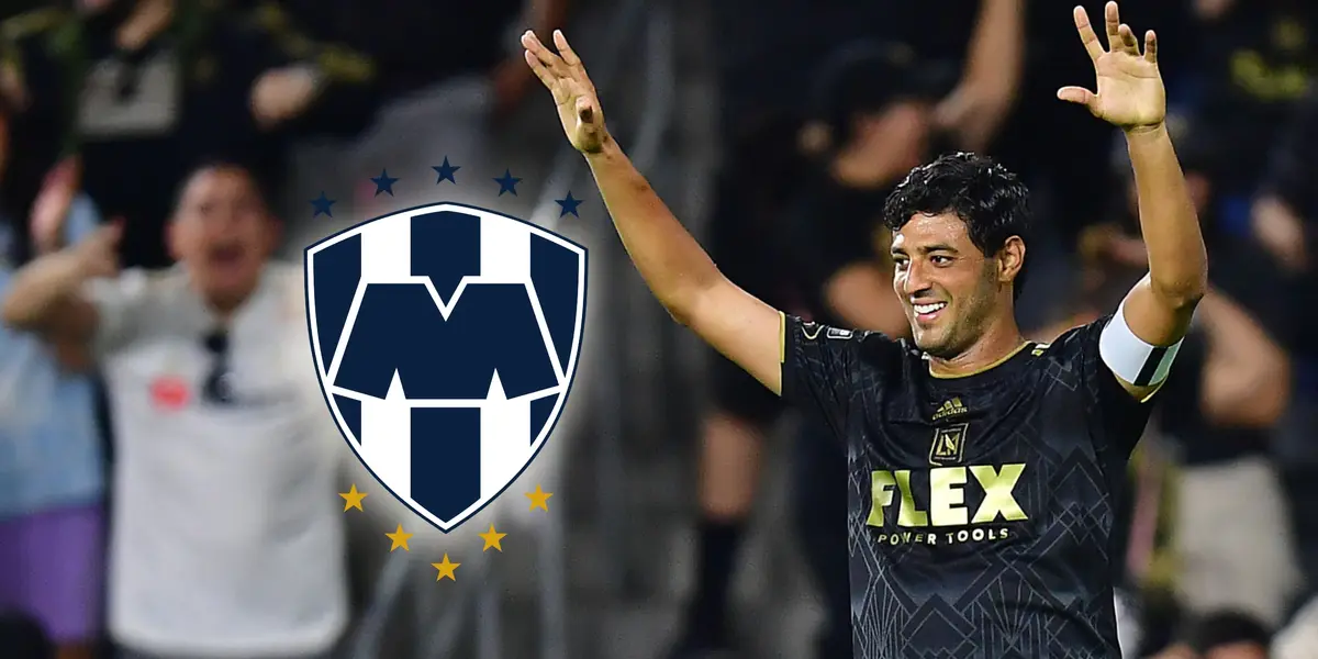 Carlos Vela con las manos al aire y logo de Monterrey/Foto Leagues Cup.