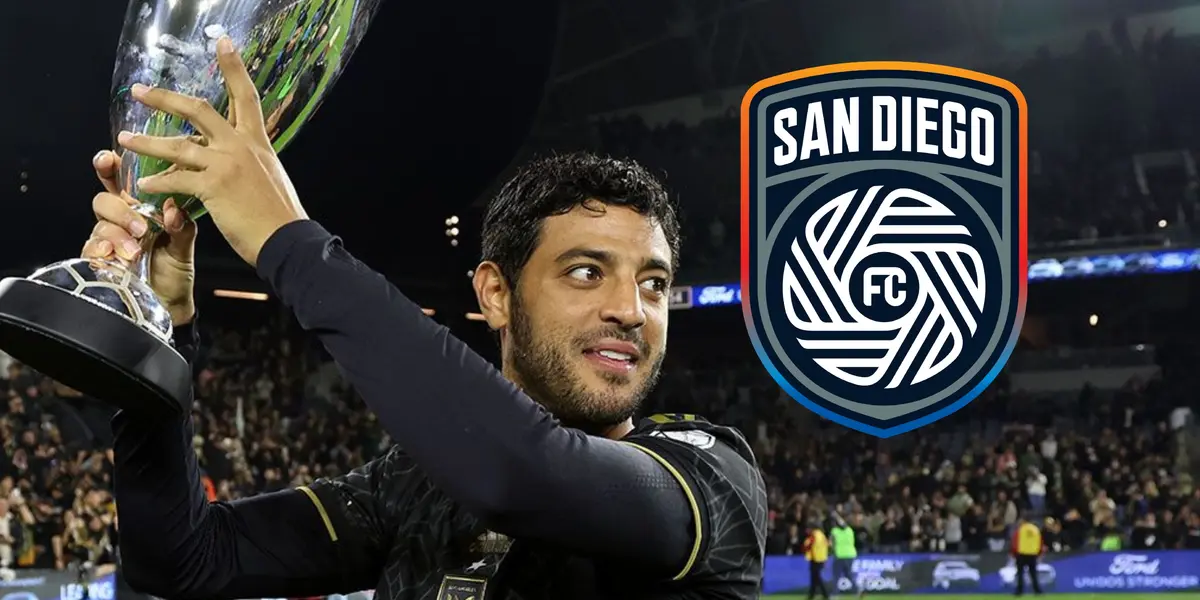 Carlos Vela con trofeo y logo de San Diego/Foto Fox Deportes.