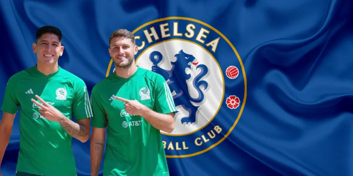 Edson Álvarez y Santiago Giménez junto al escudo del Chelsea / FOTO INSTAGRAM