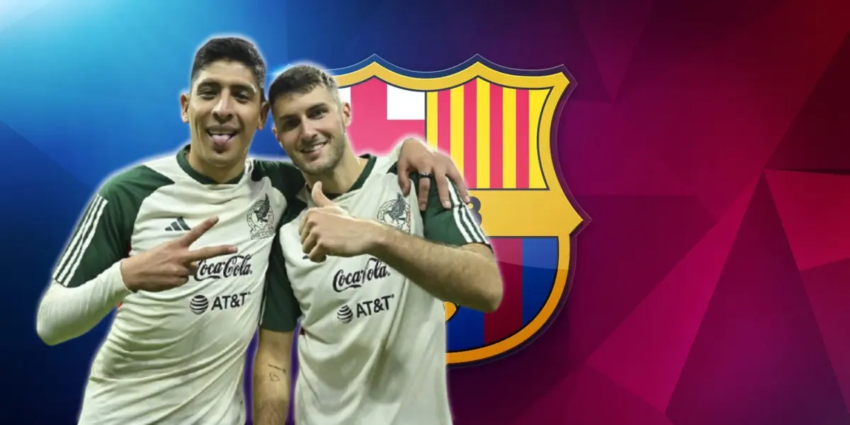 Edson Álvarez y Santiago Giménez junto al escudo del FC Barcelona / FOTO MEDIOTIEMPO