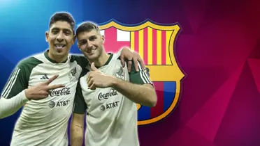 Edson Álvarez y Santiago Giménez junto al escudo del FC Barcelona / FOTO MEDIOTIEMPO