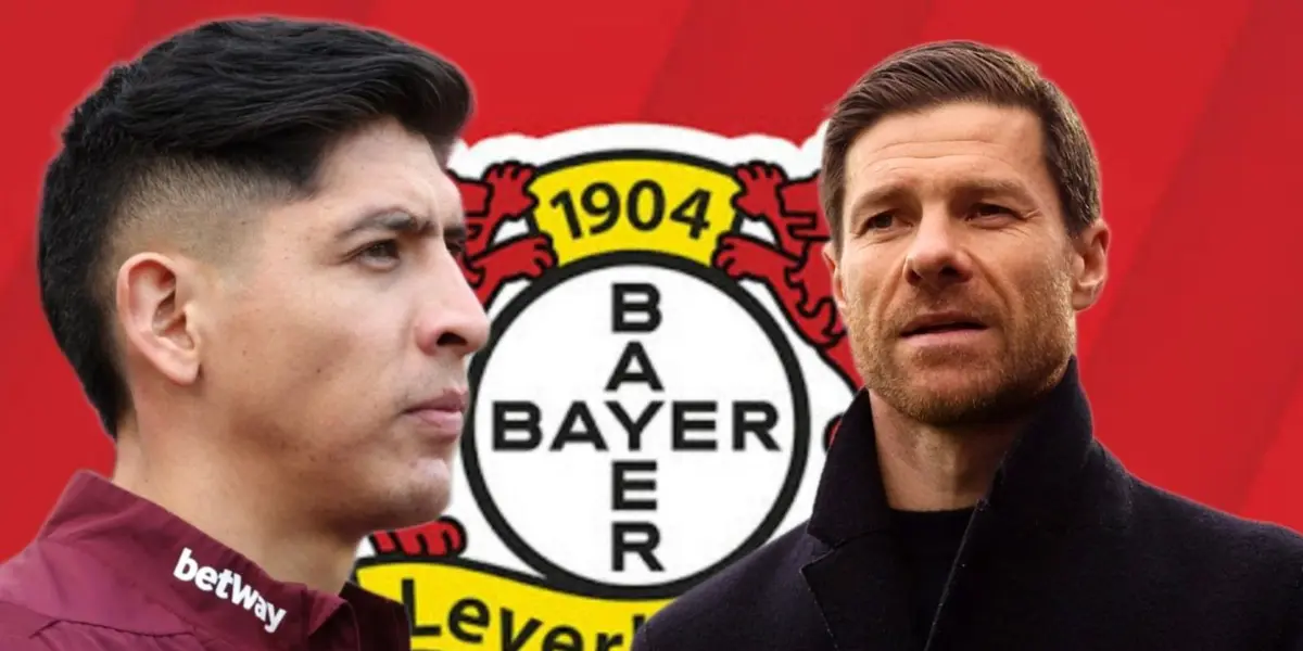 Edson Álvarez y Xabi Alonso, al fondo el escudo del Bayer Leverkusen / Foto Getty