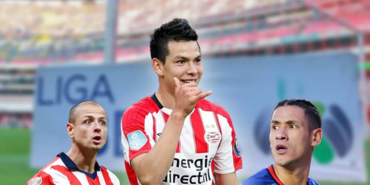 Estadio Azteca de fondo, Hirving Lozano y a su lado Javier Hernández y Uriel Antuna/ Foto Marca.