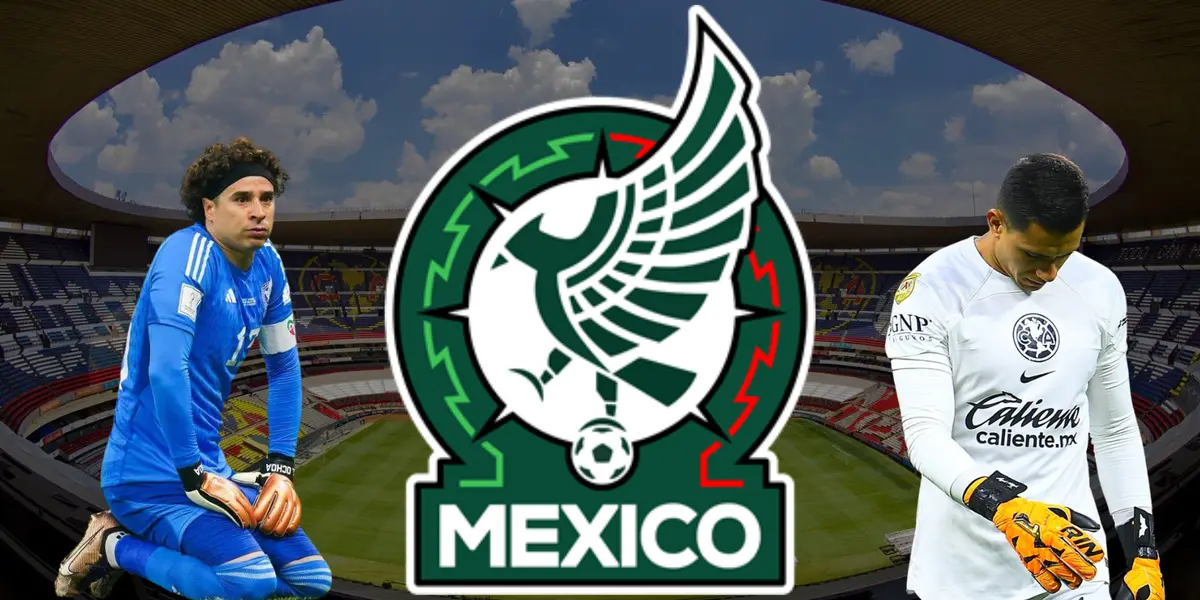 Estadio Azteca de fondo tomado de Wikipedia, con Ochoa, Malagón y escudo de México.