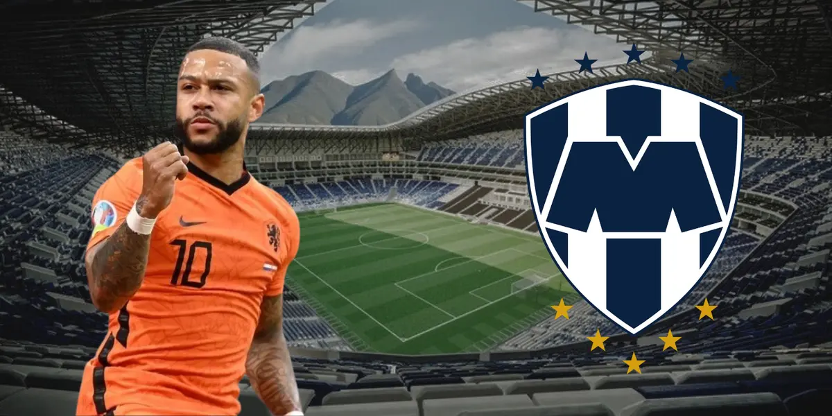 Estadio BBVA de fondo, tomado de Archdaily, con Depay y escudo de Rayados.