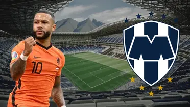 Estadio BBVA de fondo, tomado de Archdaily, con Depay y escudo de Rayados.