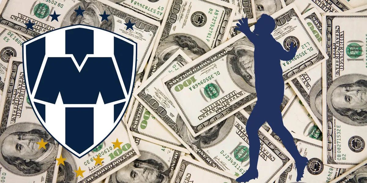 Foto de dólares tomada de Canva, con escudo de Rayados al frente.