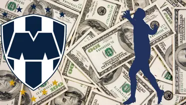 Foto de dólares tomada de Canva, con escudo de Rayados al frente.