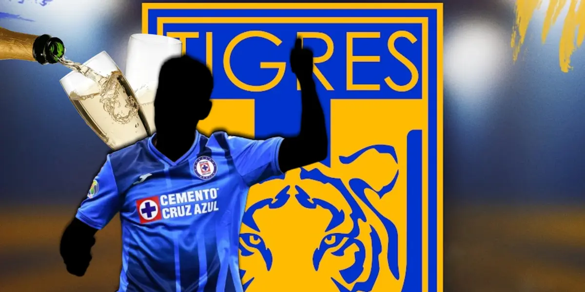 Futbolista incógnito de Cruz Azul junto al escudo de Tigres / FOTO SUPERLÍDER