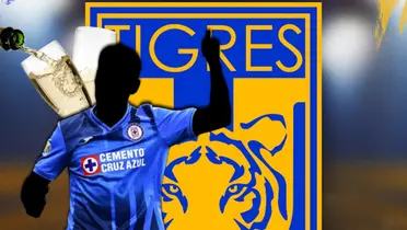 Futbolista incógnito de Cruz Azul junto al escudo de Tigres / FOTO SUPERLÍDER