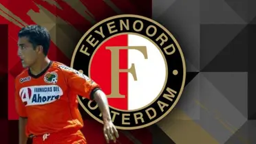 Gilberto Mora Olayo junto al escudo del Feyenoord / FOTO EL NORTE