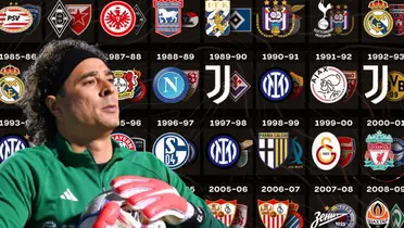 Guillermo Ochoa junto a escudos de clubes de la Europa League