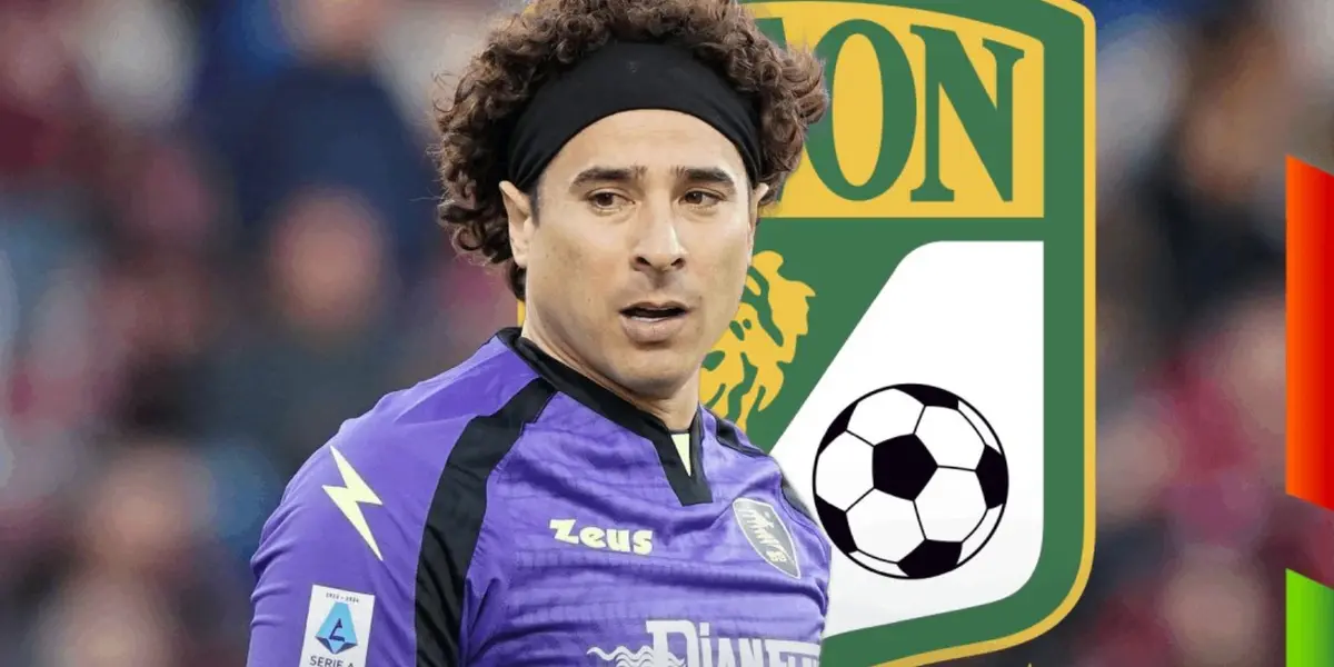 Guillermo Ochoa junto al escudo del Club León / FOTO X