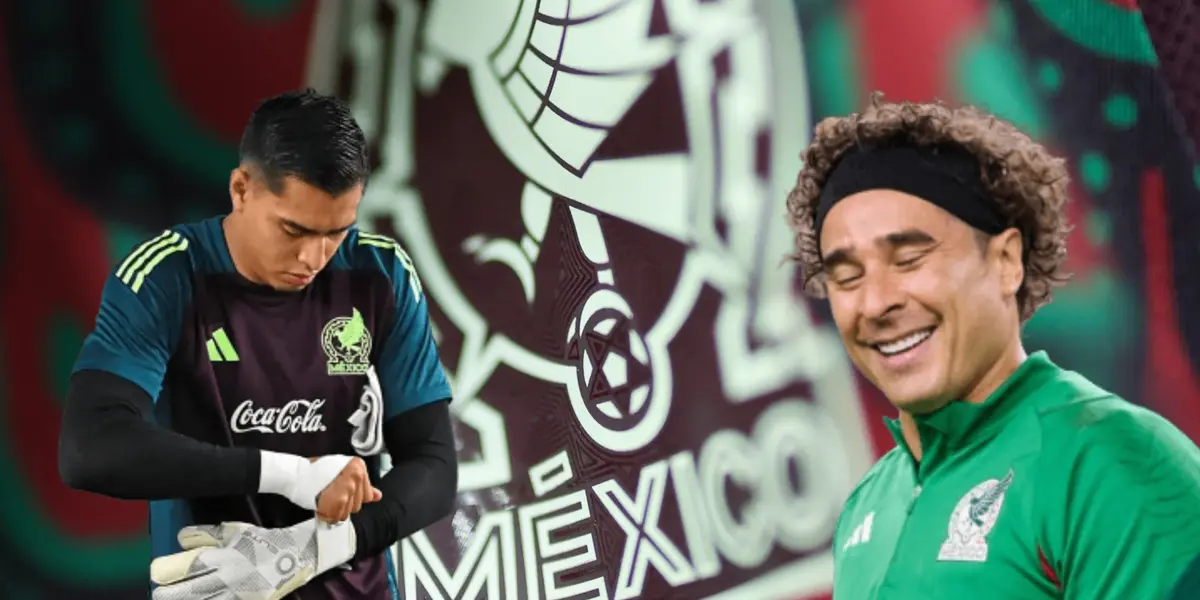 Guillermo Ochoa riendo y Raúl Rangel abrochándose sus guantes/ Foto Mi Selección.