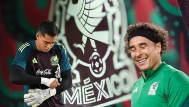 Guillermo Ochoa riendo y Raúl Rangel abrochándose sus guantes/ Foto Mi Selección.