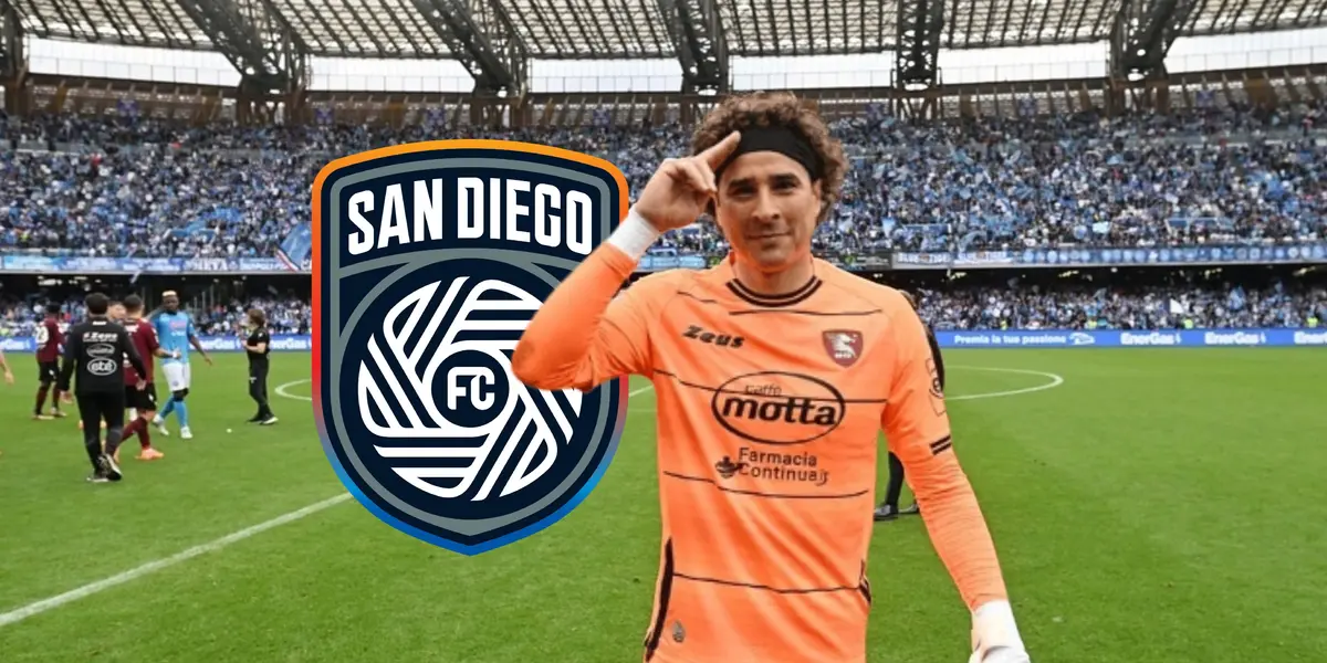 Guillermo Ochoa saludando y logo de San Diego FC/ Foto El Diario de Coahuila.