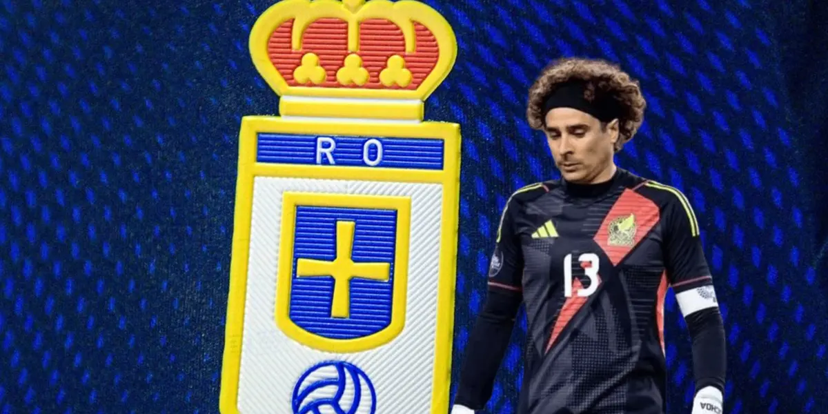 Guillermo Ochoa y escudo del Real Oviedo/ Foto José Moro.