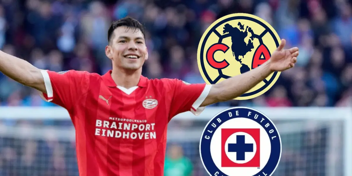 Hirving Lozano con brazos abiertos, escudos de América y Cruz Azul/Foto ESPN.