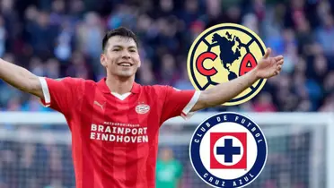 Hirving Lozano con brazos abiertos, escudos de América y Cruz Azul/Foto ESPN.